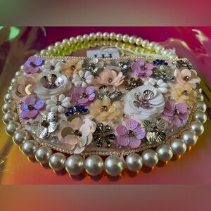 NWT Haute Hippie floral sequin Pearl-Trimmed shoulder bag in Cream